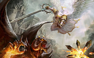 St. Michael and Diablo digital wallpaper, Heroes of Might And Magic 5, fantasy art, demon, wings