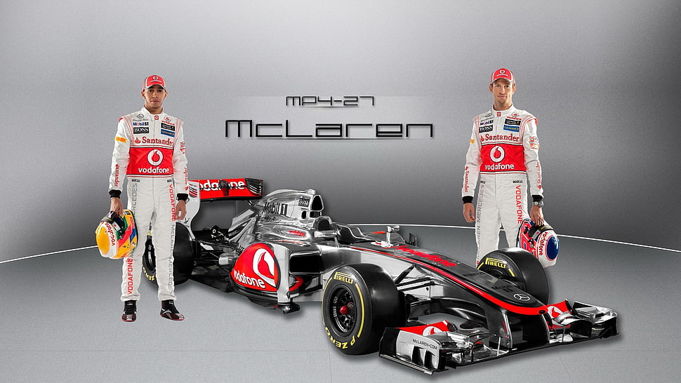 black, red, and gray racing car, Formula 1, McLaren Formula 1, Lewis Hamilton, Jenson Button HD wallpaper