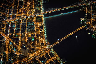 city lights, New York City, bridge, river, USA