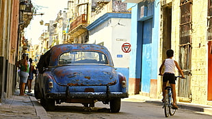 classic blue car, Cuba, Havana, car