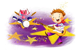boy playing guitar and bear playing drum cartoon illustration HD wallpaper