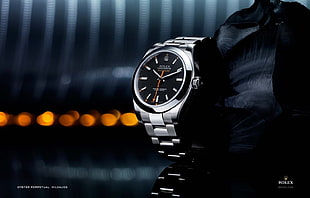 round black and silver-colored Rolex analog watch with link bracelet, watch, luxury watches, Rolex HD wallpaper