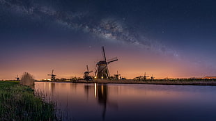 black windmill at night wallpaper, nature, mill, Netherlands, Milky Way