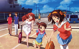 three female anime characters running on the road