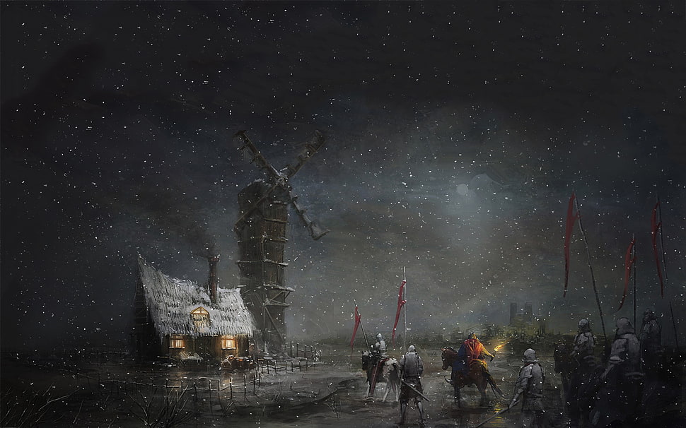 winter windwill wallpaper, fantasy art, medieval HD wallpaper