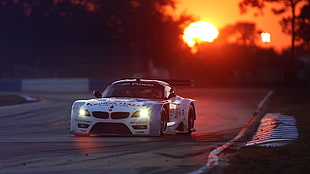 white BMW sports coupe, BMW Z4, nurburgring, sunset, race cars