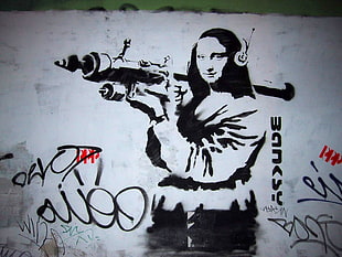 Mona Lisa painting, laughing, Banksy, Mona Lisa, headphones HD wallpaper