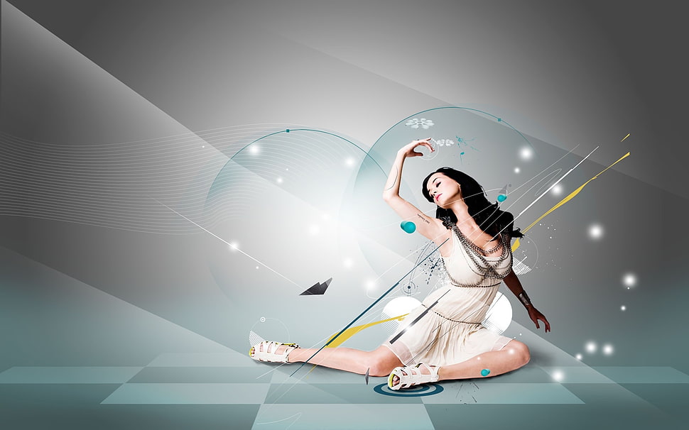 woman wearing white sleeveless dress sitting digital wallpaper HD wallpaper