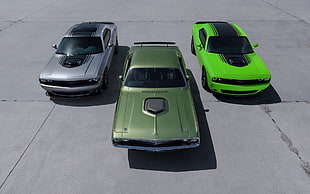 green and black car die-cast model, Dodge Challenger Shaker, Dodge Challenger, Dodge, car
