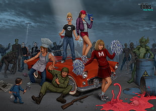 group of people graphic wallpaper, werewolves, chainsaws, zombies, soldier