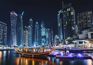 brown boat illustration, Dubai, cityscape, night, boat HD wallpaper