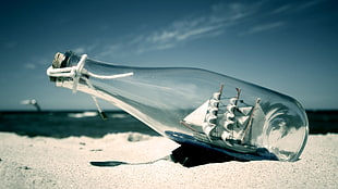 impossible bottle boat, photography, bottles, ship, sand HD wallpaper