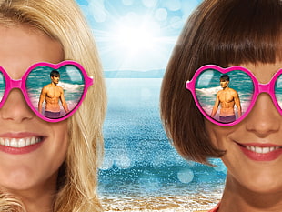 two woman wearing pink frame sunglasses HD wallpaper