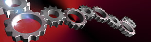 gray metal gear illustration, multiple display, red background, digital art, render