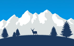 deer near snowy mountain illustration, snow, deer, mountains, trees