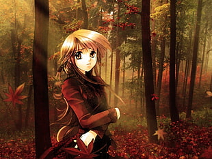 brown haired female character wearing red long-sleeved top near trees digital wall paper