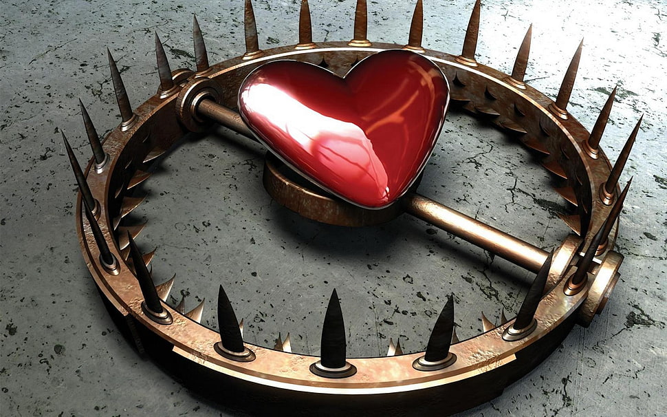 gold-colored heart bear trap, heart, 3D, abstract, CGI HD wallpaper