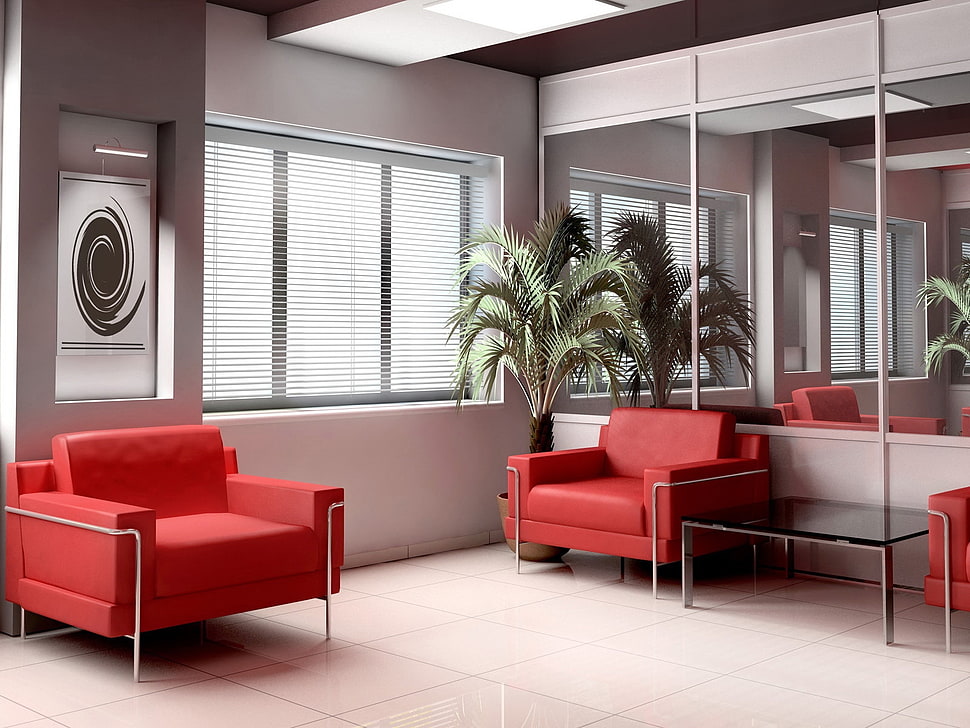 red sofa chair near white painted wall HD wallpaper