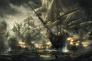 gray flagship artwork, ship, army, ocean battle