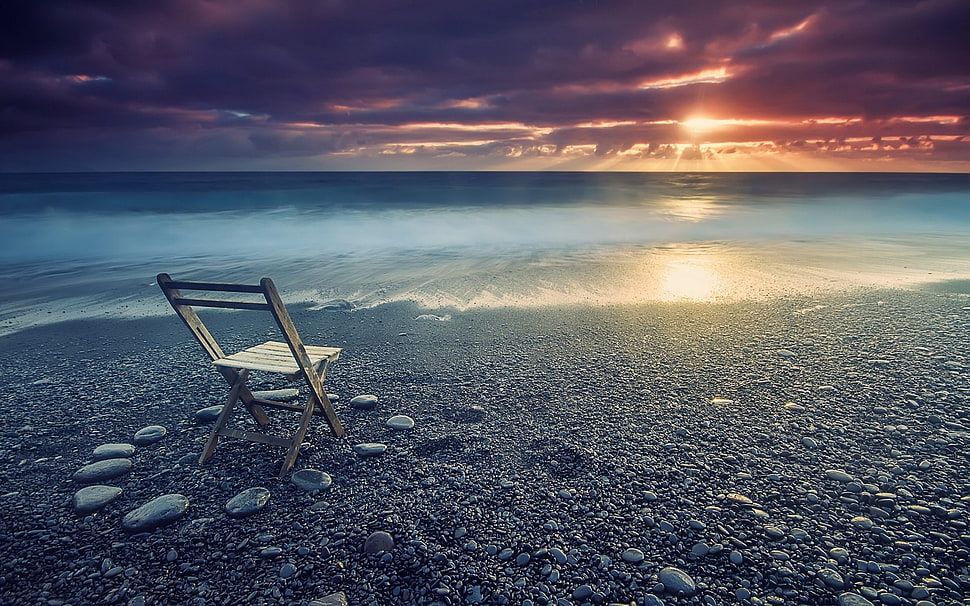 brown wooden folding chair, beach, nature, sunset, coast HD wallpaper
