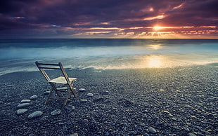 brown wooden folding chair, beach, nature, sunset, coast