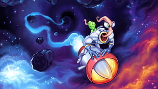 Earthworm Jim riding on gray and red rocket digital wallpaper, Earthworm Jim, video games, space