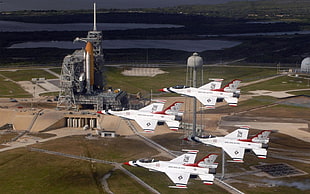 four white airplanes, NASA, aircraft, General Dynamics F-16 Fighting Falcon