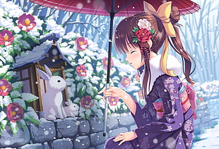 brown haired female anime character holding umbrella stands near white rabbit digital wallpaper