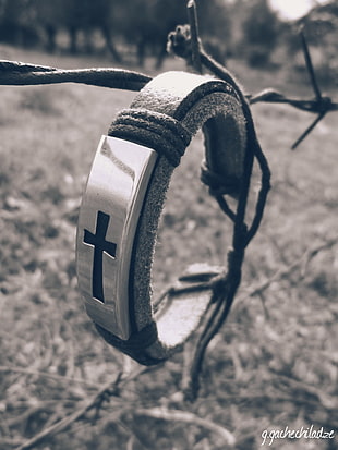leather bracelet with silver, sepia, cross, fence