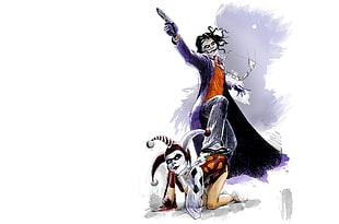 Joker and Harley Quinn illustration, Harley Quinn, Joker, simple background, weapon