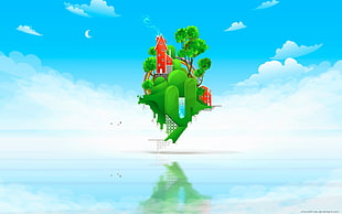 green and red floating island animated illustration, digital art, artwork