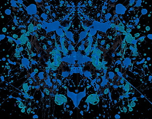 blue, teal, and black abstract painting, ink, paint splatter, Rorschach test
