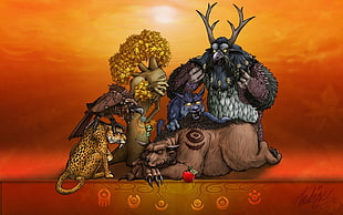 illustration of four animals, druids, video games, World of Warcraft, animals