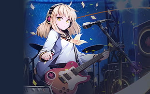 female animal character holding guitar wallpaper, MapleStory2, headphones, electric guitar, microphone