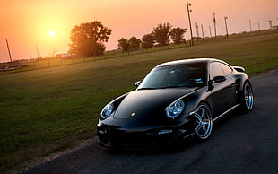 black coupe, car, Porsche, vehicle, Sun