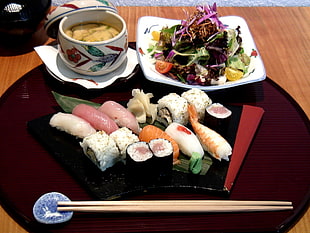 sushi food arrangement, food, eating, sushi
