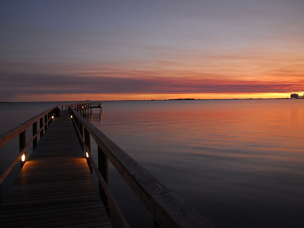 brown wooden dock, landscape, sunset, sea, nature HD wallpaper