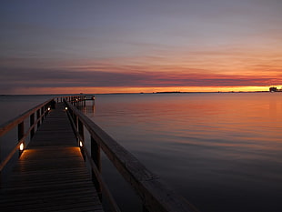 brown wooden dock, landscape, sunset, sea, nature