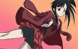 black haired female anime character wearing red suit jacket illustration