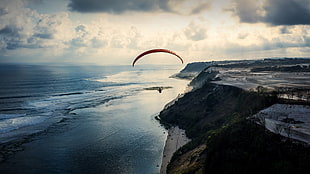 red parachute, landscape, coast, sky, sea HD wallpaper