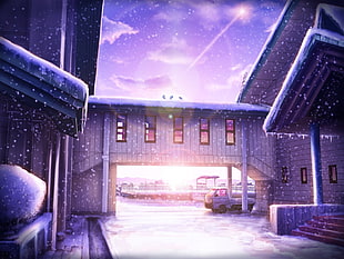 brown shed cartoon illustration, anime, landscape, lens flare, snow