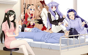 five women in clothing in front of man lying on bed anime characters digital wallpaper