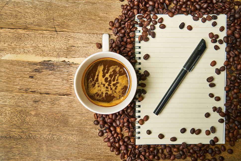 white  ceramic mug on brown wooden surface HD wallpaper