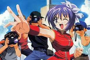 purple haired female character with four men taking photos