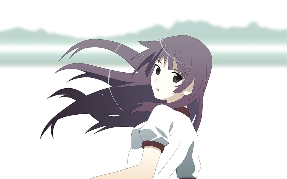 female anime character wearing white shirt poster HD wallpaper