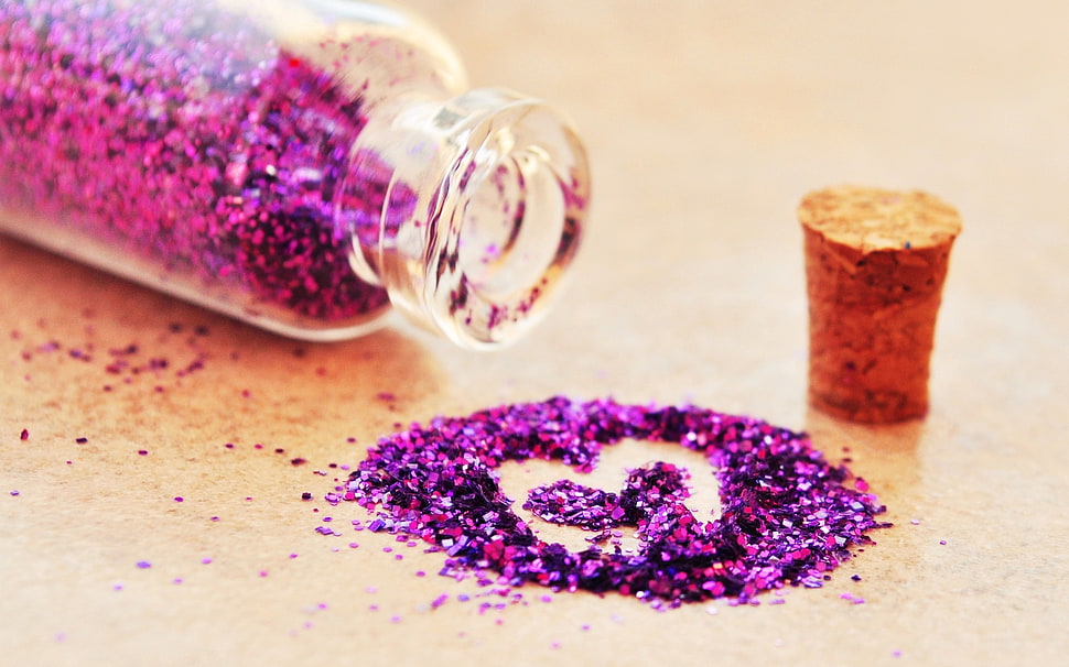 purple glittery beside a cork lid and glass bottle HD wallpaper