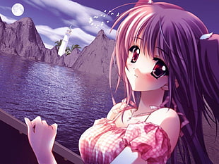 female anime character beside body of water near lighthouse 3D wallpaper