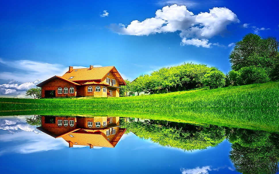 reflection photography of house near trees under the white clouds HD wallpaper