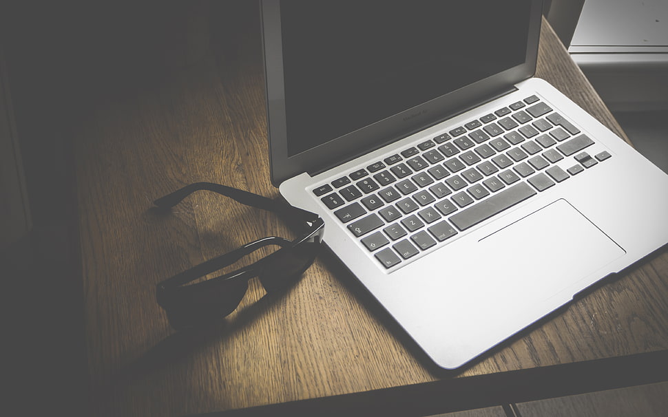 black and gray laptop computer, computer, glasses, MacBook HD wallpaper