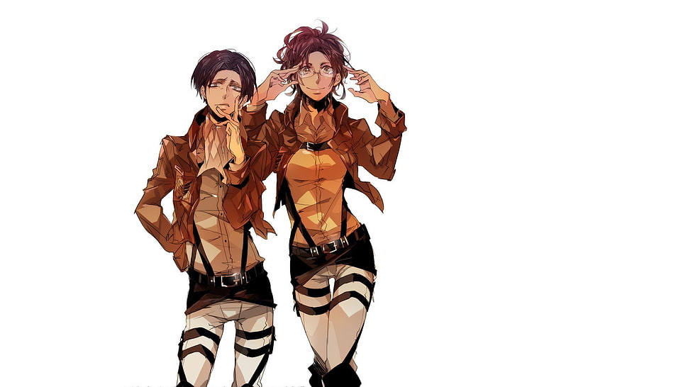 man and woman in brown leather jacket anime character HD wallpaper